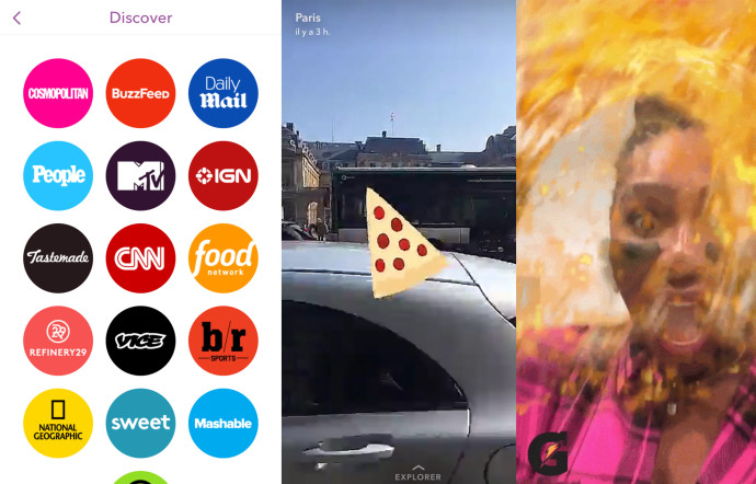 A gauche, les différents médias qui sponsorisent Snapchat en échange d’une présence sur tous les comptes utilisateurs : Discover. Au centre, l’exemple d’une story locale (Paris) où une publicité en lien avec le sujet peut se glisser. A droite, un filtre sponsorisé par Gatorade.