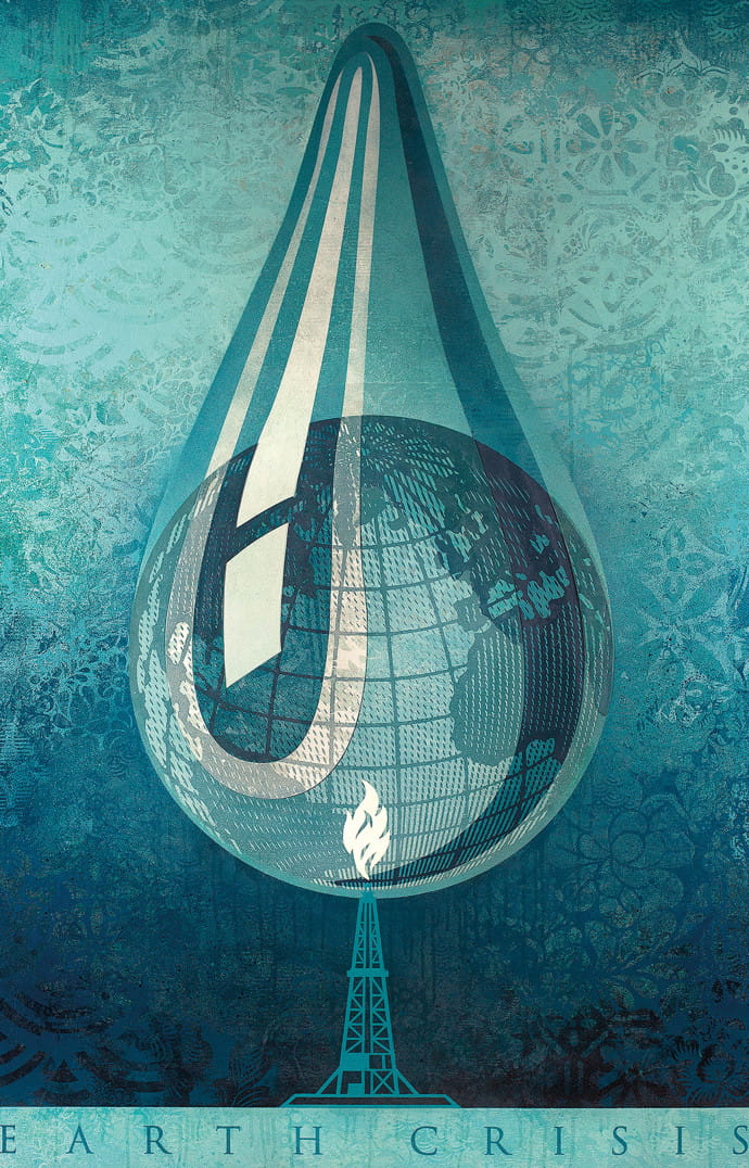 La Terre prise au piège dans une goutte d’eau. Une symbolique forte pour dénoncer les risques liés au réchauffement climatique.