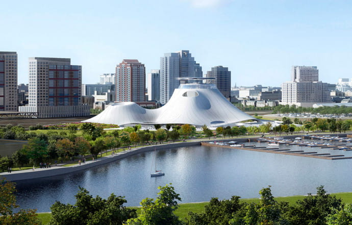 Projet du musée d’art narratif de Georges Lucas, au bord du lac Michigan, à Chicago, dessiné par MAD Studio et Jeanne Gang.