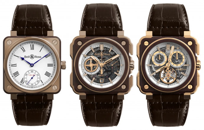 De gauche à droite : BR01 Instrument de Marine, édition limitée à 500 pièces (7 900 €), BR-X1 Skeleton Chronograph Instrument de marine, édition limitée à 99 pièces (23 000 €) et BR-X1 Tourbillon Chronograph Instrument de Marine, édition limitée à 20 pièces (151 000 €).