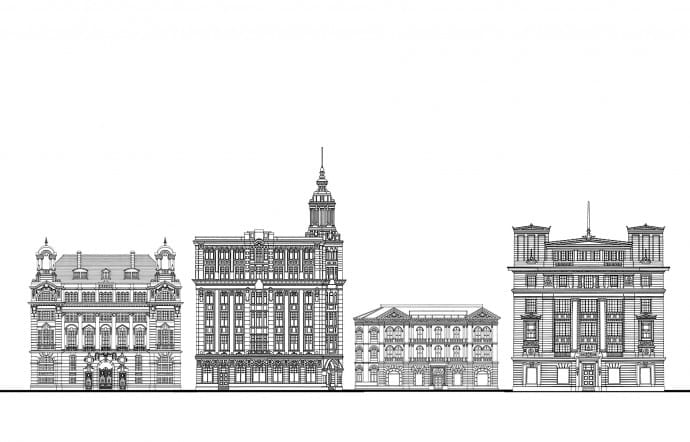 De gauche à droite, Shanghai Club, Union Building, China Merchants Company Building et Chartered Bank Building.
