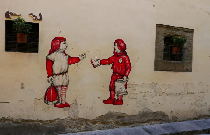 Florence, rue Toscanelli. Hopnn s’amuse à reprendre des sujets de la Renaissance, comme l’architecte Brunelleschi et son professeur de mathématique.