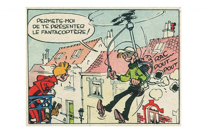 Leur faire exercer le métier de journaliste n’était qu’un prétexte pour faire voyager les personnages ! En réalité, Spirou et Fantasio étaient surtout inventeurs, enquêteurs, baroudeurs… Ici, Fantasio sur le Fantacoptère qu’il invente dans l’album « Les Héritiers ».
