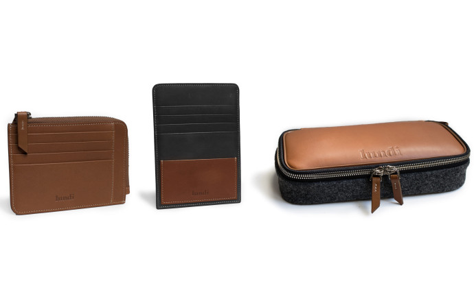 La petite maroquinerie par Lundi. De gauche à droite : Zip Wallet (110 €), Passeport Wallet (90 €), Toiletry Bag (120 €).