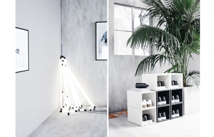 Pour les luminaires, Chris Stamp a travaillé deux ans sur la création de néons, disponibles en plusieurs tailles. Il a également imaginé des rangements pour les chaussures.