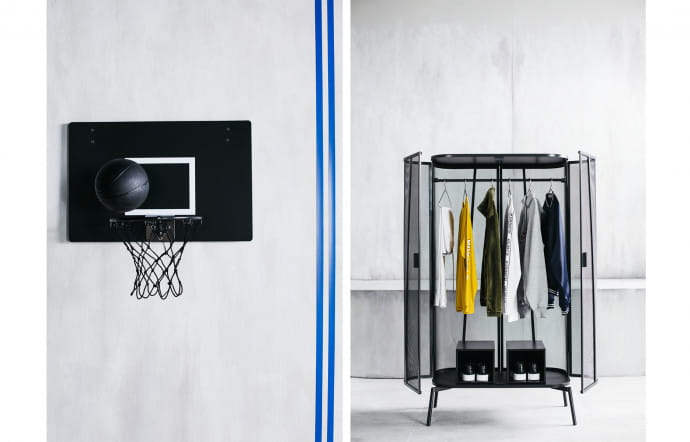 Un panier de basket et une penderie. Collection capsule Spänst, Chris Stamp pour Ikea.