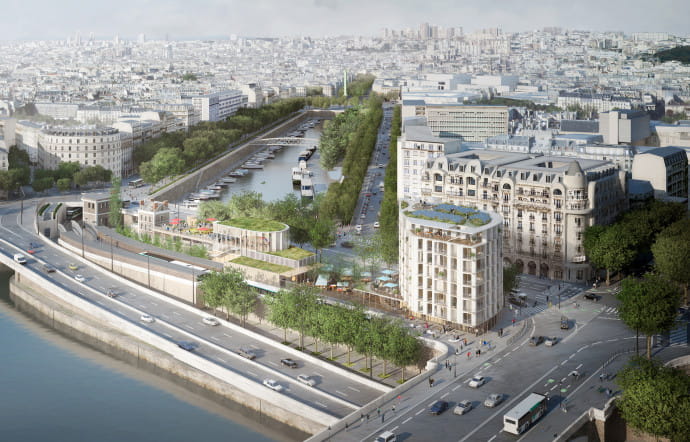 La place Mazas en 2021 par Laisné Roussel et son équipe composée de SO-IL, cabinet d’architectes américain, d’une association de bateliers, du fablab WoMa, de l’Institut du monde arabe, de la société de conseil Manifesto spécialisée dans l’art et la culture et de l’association Aurore, déjà sur place .