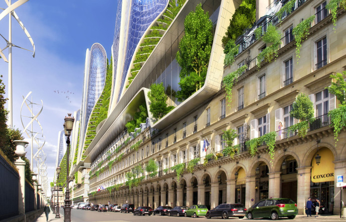 Missionné par la Ville de Paris, l’architecte Vincent Callebaut a imaginé la capitale française en 2050 : ici, la rue de Rivoli. Son projet, « Paris Smart City 2050 », doit permettre de réduire de 75 % les émissions de gaz à effet de serre.