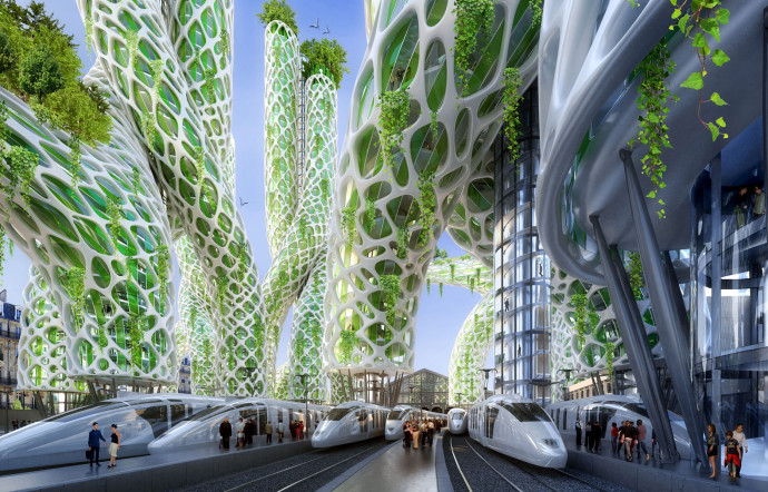 Missionné par la Ville de Paris, l’architecte Vincent Callebaut a imaginé la capitale française en 2050 : ici, la Gare du Nord avec des tours photosensibles enracinées sur des quais piézoélectriques. Son projet, « Paris Smart City 2050 », doit permettre de réduire de 75 % les émissions de gaz à effet de serre.