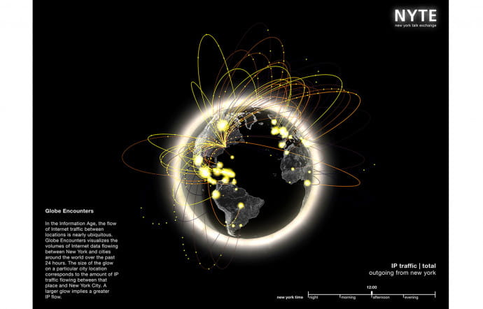 Le New York Talk Exchange, ou la visualisation en temps réel du flux d’informations téléphoniques et numériques entre New York et le reste du monde.