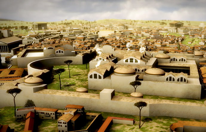 Des hauteurs de l’Opius, sur l’Esquilin, les thermes de Trajan, inaugurés le 22 juin 109, offrent une vue imprenable sur l’ouest de Rome.