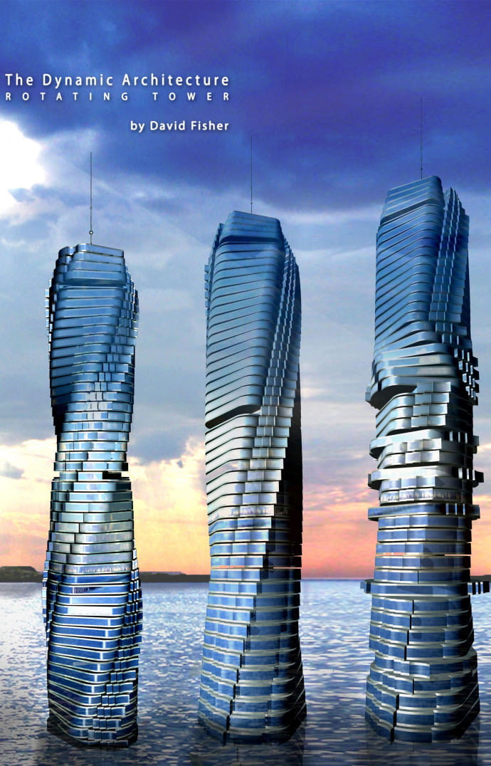 La Dynamic Tower de Dubaï est un projet d’une tour de 420 mètres avec 80 étages rotatifs. Dans le futur chaque étage pourra tourner jusqu’à 6 mètres par minute, soit une rotation complète en 90 minutes.