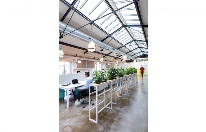 Le dernier étage, sous la verrière, un open-space où les fondateurs de Deskopolitan ont installé leurs bureaux, et voisinent avec leurs clients.