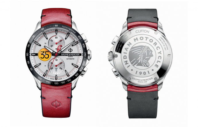 Baume & Mercier Clifton Club Indian Burt Munro Tribute, 44 mm, édition limitée à 1967 pièces, acier inoxydable poli, bracelet en veau « rouge Indian », étanchéité 5 ATM.