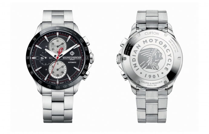 Baume & Mercier Clifton Club Indian Legend Tribute Chief, 44 mm, édition limitée à 1901 pièces, boîte et bracelet en acier inoxydable poli-satiné, étanchéité 5 ATM.