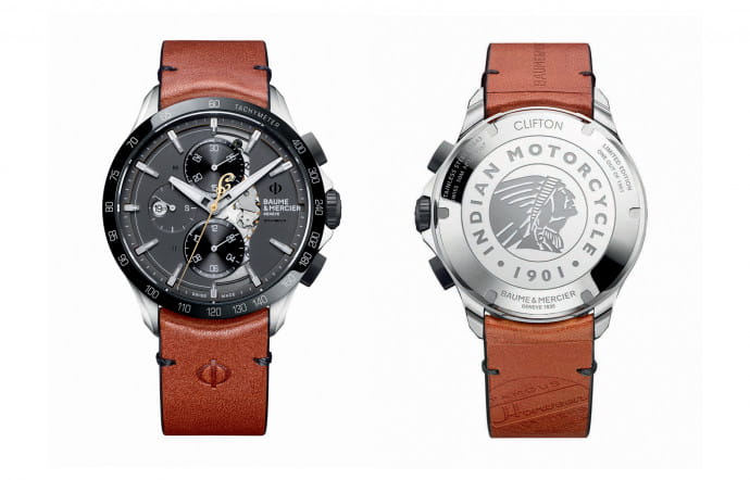 Baume & Mercier Clifton Club Indian Legend Tribute Scout, 44 mm, édition limitée à 1901 pièces, acier inoxydable poli-satiné, bracelet en veau brun de la tannerie Horween, étanchéité 5 ATM.