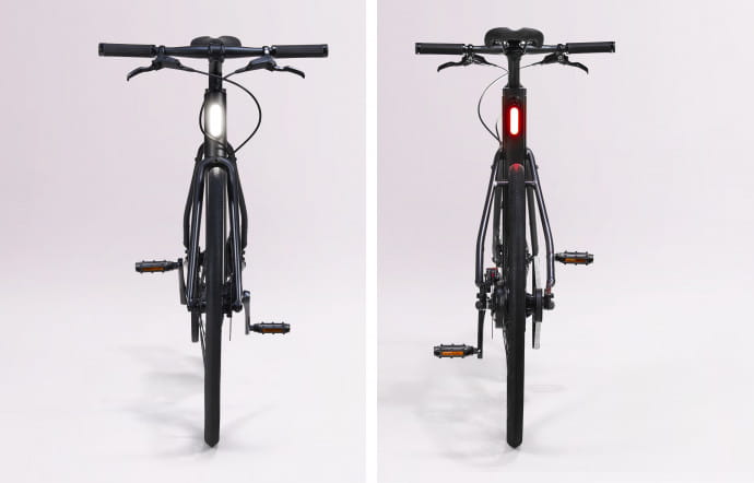 Original, les feux avant et arrière du vélo sont intégrés au cadre.