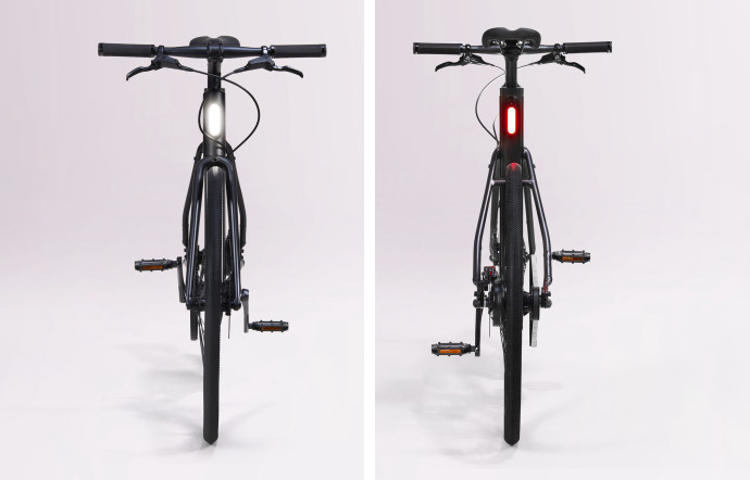 Original, les feux avant et arrière du vélo sont intégrés au cadre.