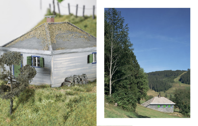 La maquette de la maison de Heidegger dans la Forêt Noire et une photo dans son « habitat naturel ».