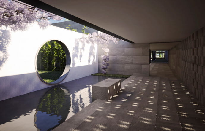 D’une superficie de près de 3 000 m2, le spa prend place autour d’une cour centrale. La piscine, juste à côté.