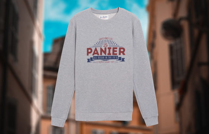 Sweat Jean de Nîmes x Le Binôme à la Française, coton, fabriqué en France, 85 €.