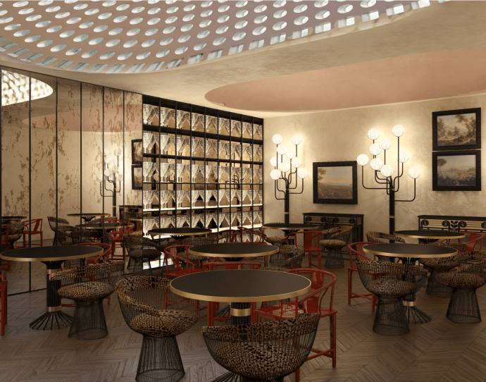 Rendu 3D du restaurant de l’hôtel, ouvert sur l’extérieur.