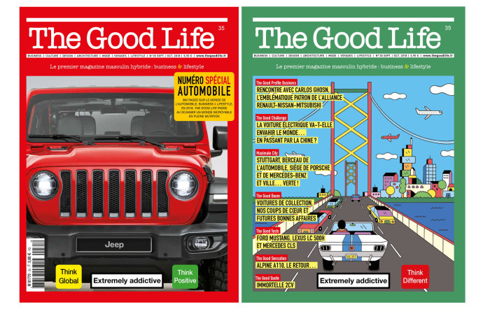 La sur-couverture (rouge, celle que l’on voit en kiosque) et la couverture (verte) illustrée par Andy Rementer, du prochain numéro de The Good Life, disponible le 6 septembre.