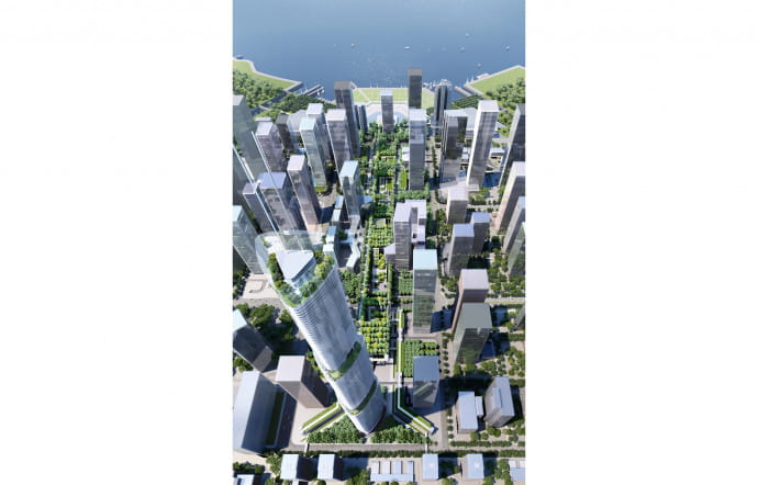 De part et d’autres du jardin, une tour de bureaux et un front de mer axé sur la culture.