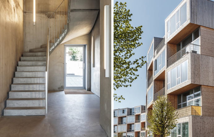 L’immeuble est ouvert pour fluidifier la circulation des habitants entre le jardin public au sud et le parc privé au nord. L’assemblage des préfabriqués – au moins deux modules par appartement – permet à la pièce principale de gagner un mètre de hauteur sous plafond.