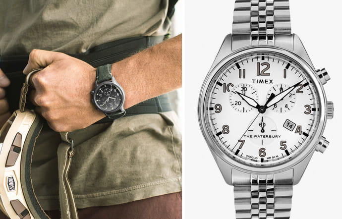 Timex, fondée en 1854, a posé les bases du design horloger américain, simple et robuste. Aujourd’hui, la société appartient à un groupe néerlandais et fabrique la quasi totalité de ses mouvements en Asie. Mais les lignes universelles et la solidité de ses montres lui valent une présence sur des sites de e-commerce haut de gamme, comme Mr Porter ou Uncrate, et ce malgré ses prix (très) bon marché.