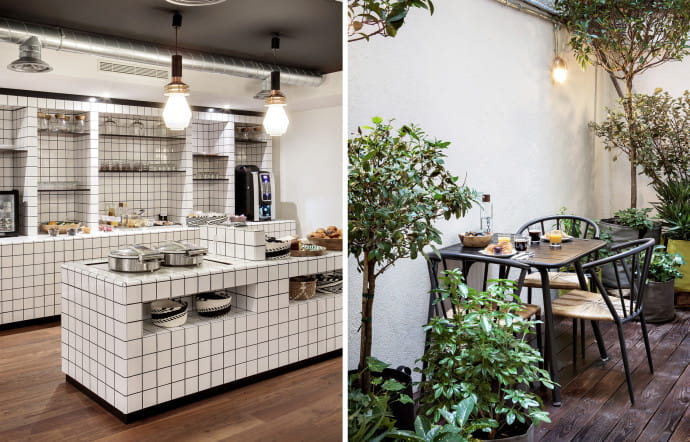 La cuisine, où Le Voltaire sert le petit-déjeuner jusqu’à midi, et sa terrasse végétalisée.