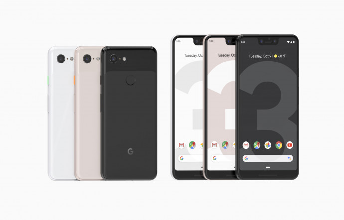 Le Pixel 3 est disponible en trois finitions : noir, blanc et rose poudré, deux tailles de mémoire (64 ou 128 Go) et deux tailles d’écran (5,5” ou 6,3”). A partir de 859 €.