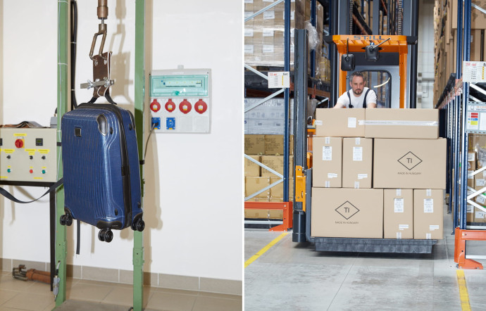 Avant d’être expédiées, les valises passent l’étape du contrôle qualité, très sévère. Chaque valise parcourt deux fois 19 km, puis est agitée 2 500 fois avec 20 kg de poids à l’intérieur. Ce qui la garantit pendant cinq ans. Le polypropylène SRPP , matériau des coques breveté par Tumi, allie grande robustesse et incroyable légèreté.