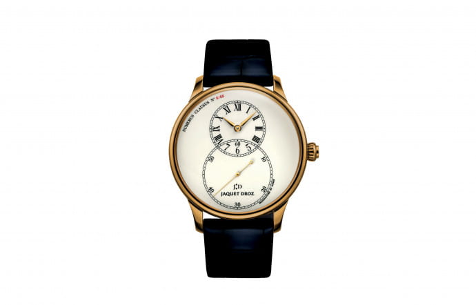 Grande Seconde Hommage, boîtier en or jaune 43 mm, mouvement mécanique à remontage automatique, cadran en émail grand feu, bracelet en alligator, édition limitée à 88 exemplaires, 21 900 €.