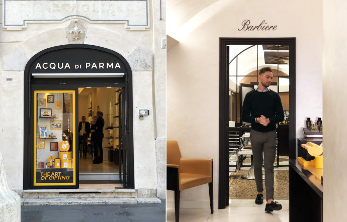 La boutique Acqua di Parma de Rome, sur la Piazza di Spagna, offre également un service barbier. C’est le cas dans toutes les enseignes en propre de la marque, sauf à Paris ! Pour le moment…