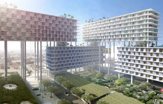 Le projet Miami Produce Center prévoit le réaménagement d’un ancien site industriel. Il intègre des appartements, des bureaux, des promenades arborées et une ferme urbaine.