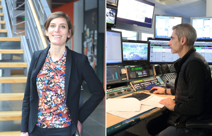A gauche, Carolin Ollivier, rédactrice en chef, pilote une équipe de journal istes binationale. A droite, Pierre Salesse, chef d’antenne, surveille sa multitude d’écrans à la régie finale.