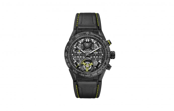 La Carrera Calibre Heuer 02T Tourbillon Nanograph est équipée d’un spiral en carbone.