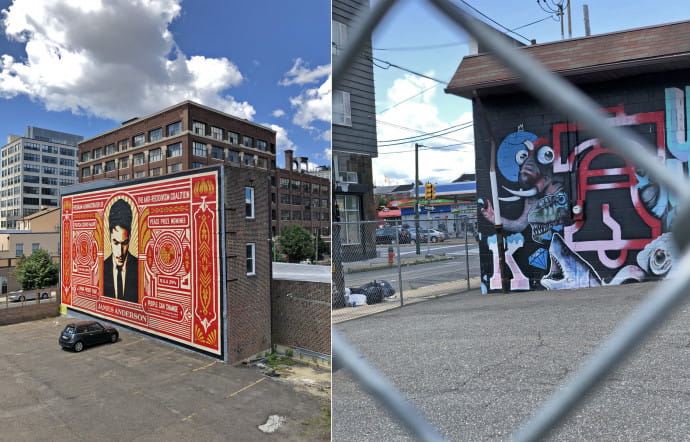 Philadelphie est connue dans le monde entier pour ses fresques murales. A gauche, une oeuvre de Shepard Fairey, l’homme derrière le poster « Hope » de Barack Obama.