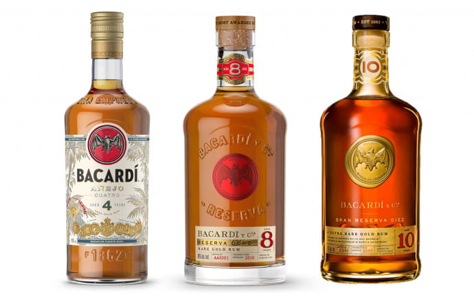La gamme Premium de Bacardi, sans arôme ajouté. 4 ans, 8 ans, Gran Reserva Diez.