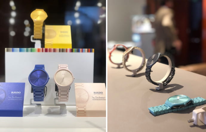 Les montres True Thinline Les Couleurs Le Corbusier exposées chez Cassina, rue de Turenne à Paris.