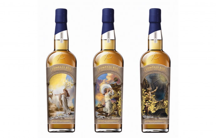 La trilogie Myths & Legends de Compass Box, et ses étiquettes hors du commun toujours imaginées par Stranger & Stranger. 169 € la bouteille.