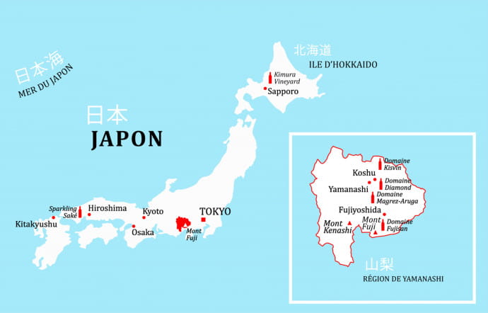 La région de Yamanashi, en rouge.