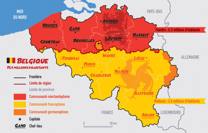 Carte des communautés linguistiques de la Belgique.