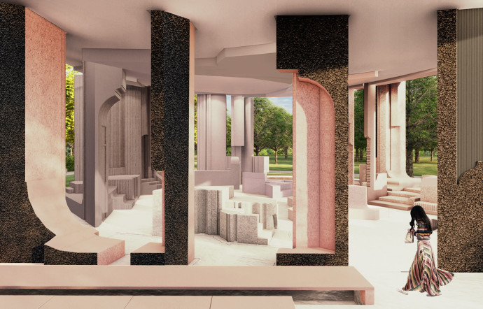 Le pavillon d’architecture de la Serpentine Gallery 2020, fabriqué à partir de liège et de briques recyclées.