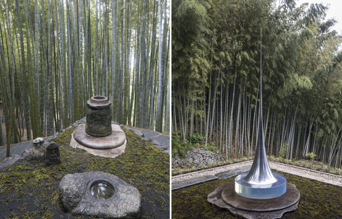 L’observatoire d’Enoura, d’Hiroshi Sugimoto, à Odawara, rassemble dans ses jardins des sculptures et des objets du passé, dont une Mathematical Form Surface of Revolution (à gauche) ou le pilier central d’une pagode qui fut bombardée (à droite).