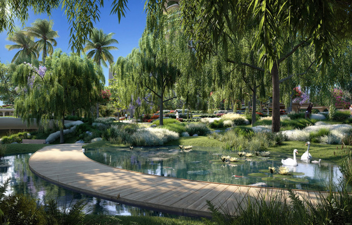 Le projet de Foster + Partners investit un site de 7 hectares qui regroupe les hôtels Beverly Hilton et Waldorf Astoria Beverly, entre les boulevards Wilshire et Santa Monica à Beverly Hills.