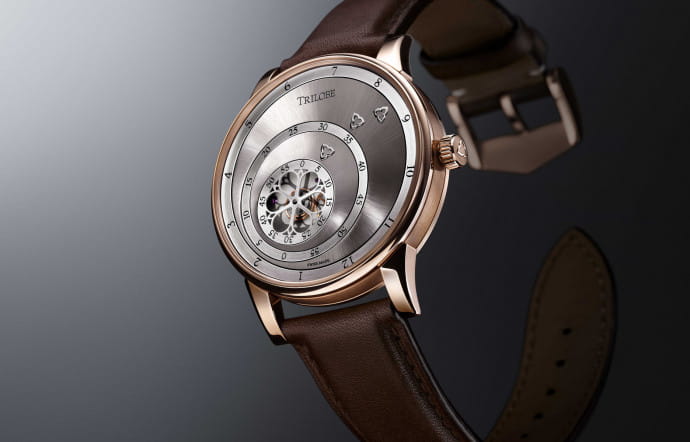 Les Matinaux, Or Rose, montre en or rose automatique, développée et fabriquée en Suisse. Trilobe, 17500 €.