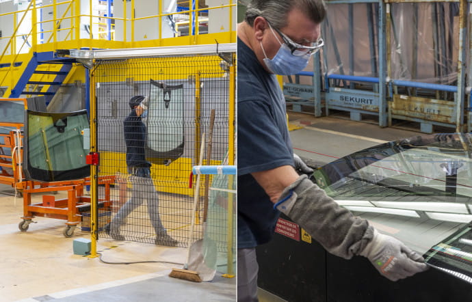 Après avoir été découpé, poli, façonné et sérigraphié, le verre est galbé et mis en forme dans des fours chauffant jusqu’à 600 °C. Sont ainsi produits des vitrages qui, chaque année, équipent plusieurs millions de véhicules dans le monde.