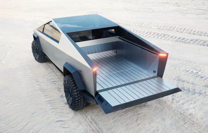Ultrarobuste avec son armature en acier, le très futuriste pick-up Cybertruck, long de près de 6 m, est au stade des précommandes.